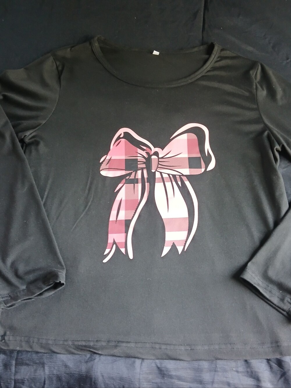 Teen Black Long-Sleeve Top with Pink Plaid Bow Size S